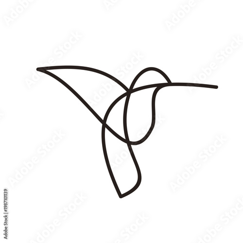 Minimalist continuous line art drawing of an elegant hummingbird on a white background.