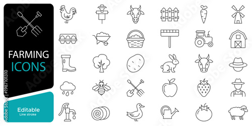 Farming line icons set in outline style. Agriculture, tractor, livestock, crops, irrigation, organic farming