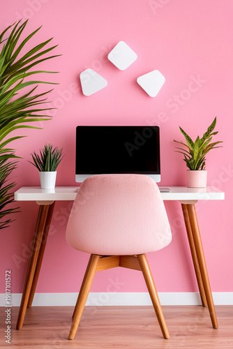 Minimalist Home Office Setup with Pink Furniture and Modern Computer in Bright Pastel Decor for Creative Workspaces