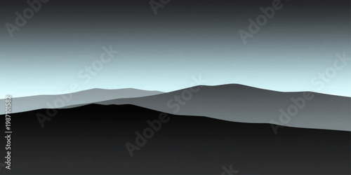 Abstract Serene Mountain Silhouette: A minimalist scene portrays the tranquil majesty of mountainous terrain, showcasing the interplay of shadows and light against the sky. 