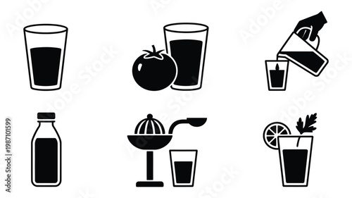 Tomato juice icons filled black minimal style, glass bottle cup and fresh tomato symbols, beverage and healthy drink elements
