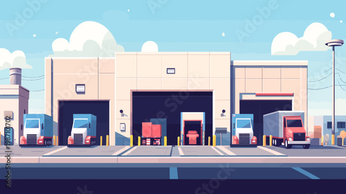 Pixelated artwork depicts a commercial building with loading docks and various trucks