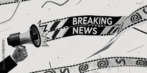 Breaking news announcement a megaphone broadcasts information via film reel