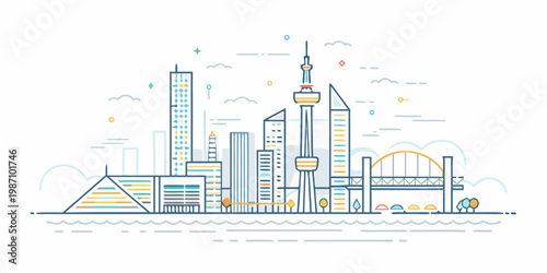 Modern cityscape illustration featuring toronto s cn tower and waterfront