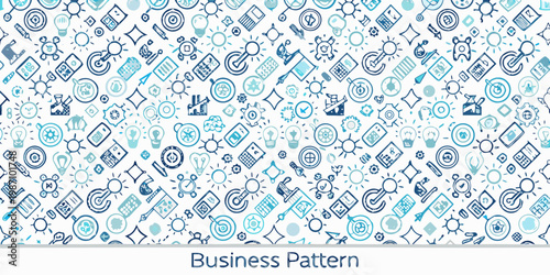 A seamless pattern of blue line icons representing innovation and business concepts