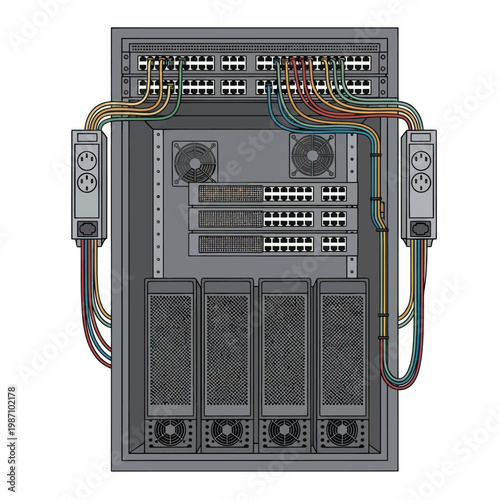 Detailed Server Rack Illustration with Cables and Power Distribution Units.