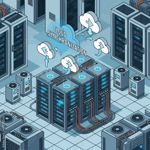 Isometric Cloud Synchronization Illustration - Data Servers and Cloud Integration.