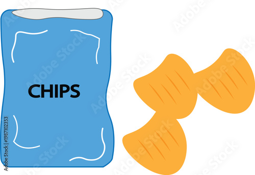 Vector snack icons, potato chips bag and chips, food illustration, snack time graphics