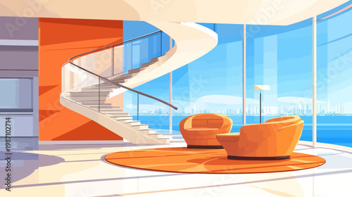 Interior scene with a spiral staircase, orange furniture, and expansive windows overlooking a city