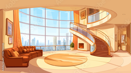 A luxurious penthouse interior featuring a panoramic city view, spiral staircase, and modern furnishings