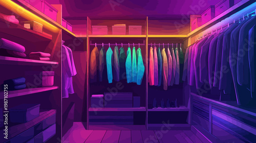 An illustration of a walk-in closet with colorful hanging clothes under neon lighting