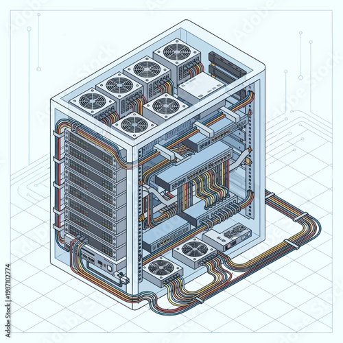Detailed Isometric Illustration of a High-Performance Computer System.
