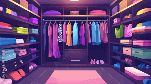 Pixelated artwork depicts a well-organized walk-in closet with colorful clothes, shoes, and accessories