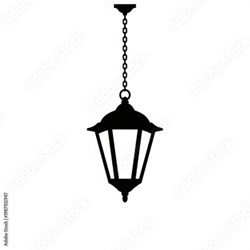 A black silhouette of a hanging lantern with a chain on a white background