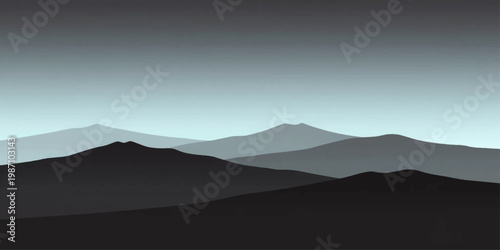 Abstract Serene Mountain Range: An evocative image of a minimalist mountain range, where majestic peaks fade into the atmospheric haze under a gradient sky, exuding a sense of peace and tranquility.