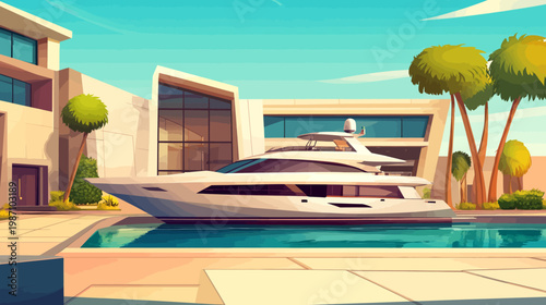 Digital art of a yacht docked at a modern residence with a pool under a clear, blue sky