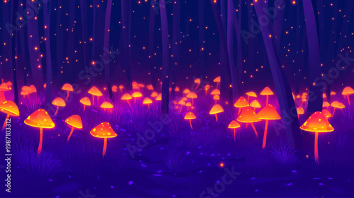 A vibrant, nocturnal forest scene with glowing orange mushrooms amidst purple hues and stars