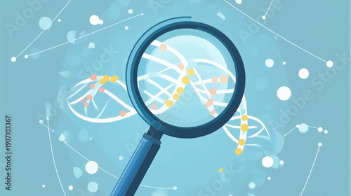 Illustration of a DNA strand being examined under a magnifying glass, set against a blue backdrop
