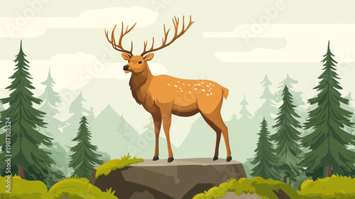 A regal elk stands on a rock amid a forest scene, surrounded by pines and distant mountains