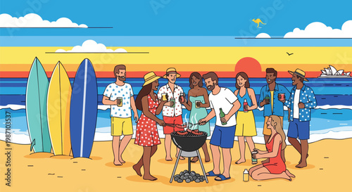 Vibrant beach barbecue scene with diverse friends enjoying a summer evening, grilling food, drinking, and relaxing by surfboards at sunset