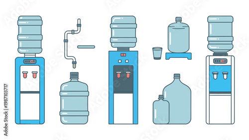 Selection of water dispensers with large blue bottles and reusable containers for home office or gym vector illustration
