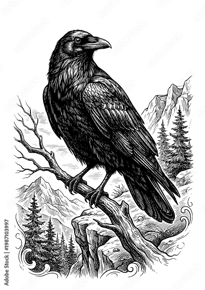 Fototapeta premium Raven on Branch Engraving Style Black White Wildlife Illustration