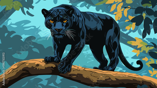 A black panther with piercing orange eyes rests on a tree branch, surrounded by stylized foliage