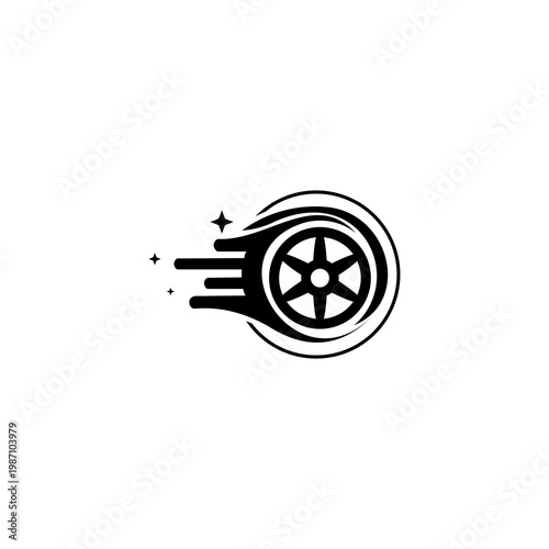 A speeding wheel with motion lines and sparks flies through space.