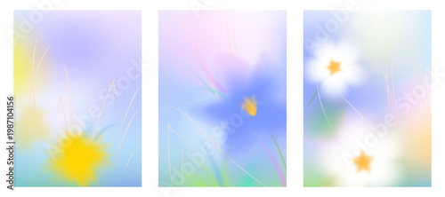 A set of wildflower backgrounds. Soft, blurred gradient bouquets with yellow, blue, and white primroses, dandelions, squills, and daisies. Close-ups of spring or summer flowers. Vector posters