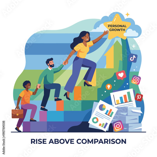 A colorful illustration depicting individuals ascending a staircase, symbolizing personal growth, resilience, and the journey toward self-improvement in a modern and whimsical style.