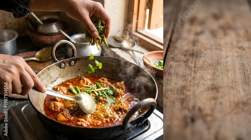 Close Up of Hand Stirring Spicy Chicken Karahi in Iron Wok with Bubbling Gravy