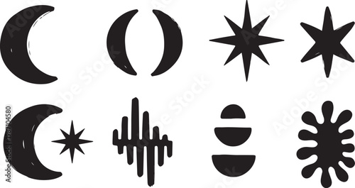 Black moon and star icons, celestial symbols, astronomy signs, vector graphics