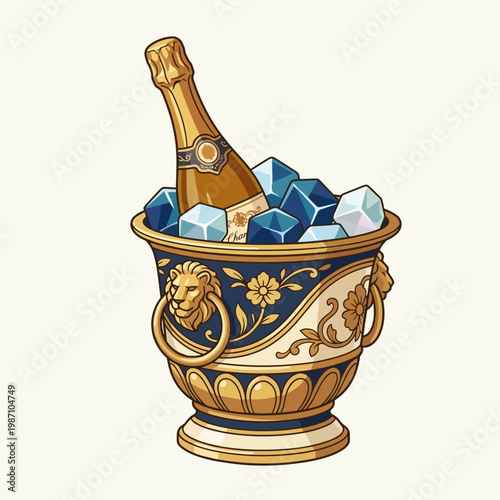 An exquisite champagne bottle resting among glistening ice cubes in a decorative bucket, epitomizing luxury, celebration, and refined indulgence at special events.
