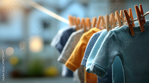 baby clothes drying on rack with blurred background representing home maintenance and daily household chores concept