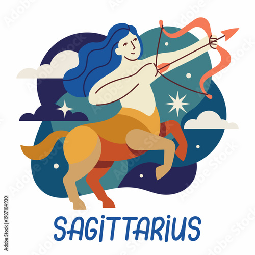 A captivating Sagittarius zodiac illustration featuring a centaur archer. This design combines celestial elements with dynamic motion for an inviting astrological appeal.
