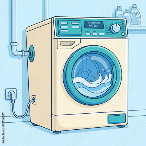 This sleek washing machine features a futuristic design with a clear window, showcasing its modernity and functionality, ideal for contemporary home appliance themes.