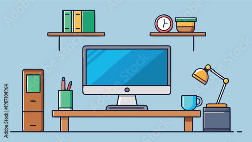 A modern and organized home office workspace features a computer monitor placed on a wooden desk with shelves and decorative elements that create a functional working environment