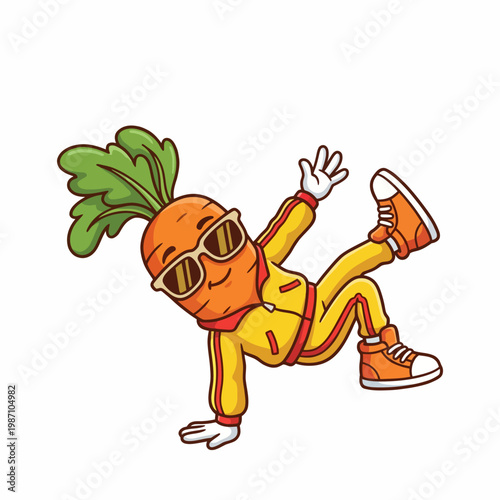 This cartoon character represents a cool carrot breakdancing in a retro tracksuit, showcasing a fun approach to health, fitness, and vibrant vegetable representation.