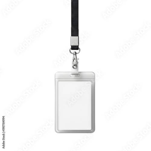 Lanyard with empty transparent card holder hanging neatly, ideal for ID badge mockup, corporate identity, and event access design isolated on white or transparent background. PNG format.
