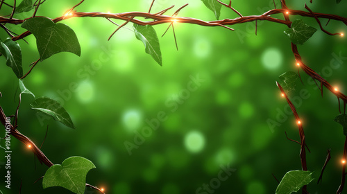 Glowing vine, green leaf, nature, bokeh, fantasy background with vibrant light effect