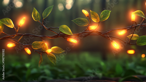 Glowing vine with orange lights and green leaves in forest, magical atmosphere, nature fantasy