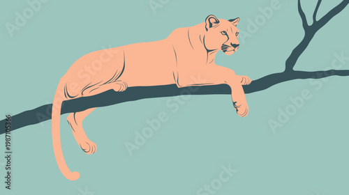 A resting feline in pastel hues. The big cat lies on a branch against a serene teal background