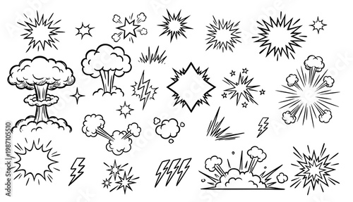 Comic Book Explosion Doodle Set – Hand Drawn Boom Bang Blast Vector Collection