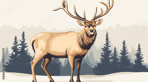 A regal elk stands confidently amidst a minimalist forest landscape, showcasing its impressive antlers
