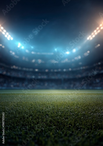 A vast football stadium glows under bright lights at night, showcasing a pristine green pitch.