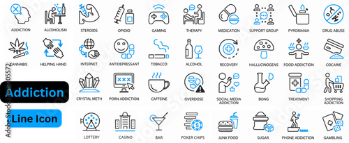 Addiction line icon set. Addiction icon set. Smoking and addiction line icon set. Vector pictograms of cigarette, pipe, vape, ashtray, and no smoking sign, thin outline illustration.