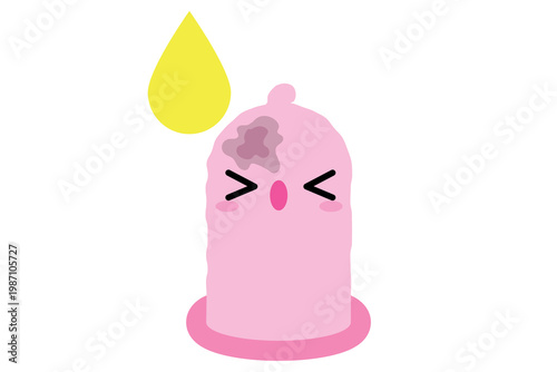 Torn condom, latex, instructions for use. Oil-based and water-based lubricants. Condom cute cartoon character. Protection, contraception. Broken condom, unwanted pregnancy. Safe sex, contraception. 