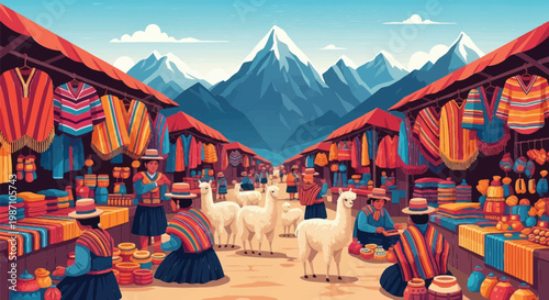 Bustling high-altitude market with colorful textiles, local vendors, and llamas, framed by majestic snow-capped peaks
