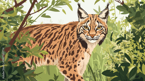 A digitally rendered bobcat peers forward amongst a thick jungle of leaves and branches