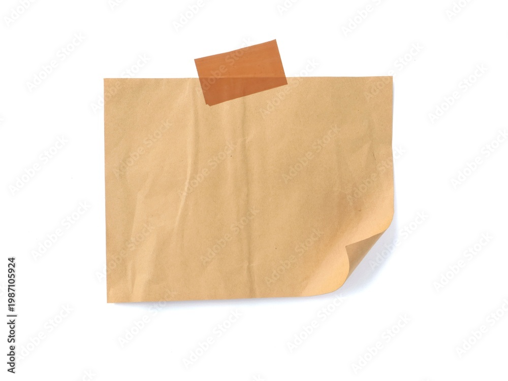 Fototapeta premium Empty brown kraft paper note taped on white background, Ideal for rustic designs, reminders, messages, or vintage-themed mockups